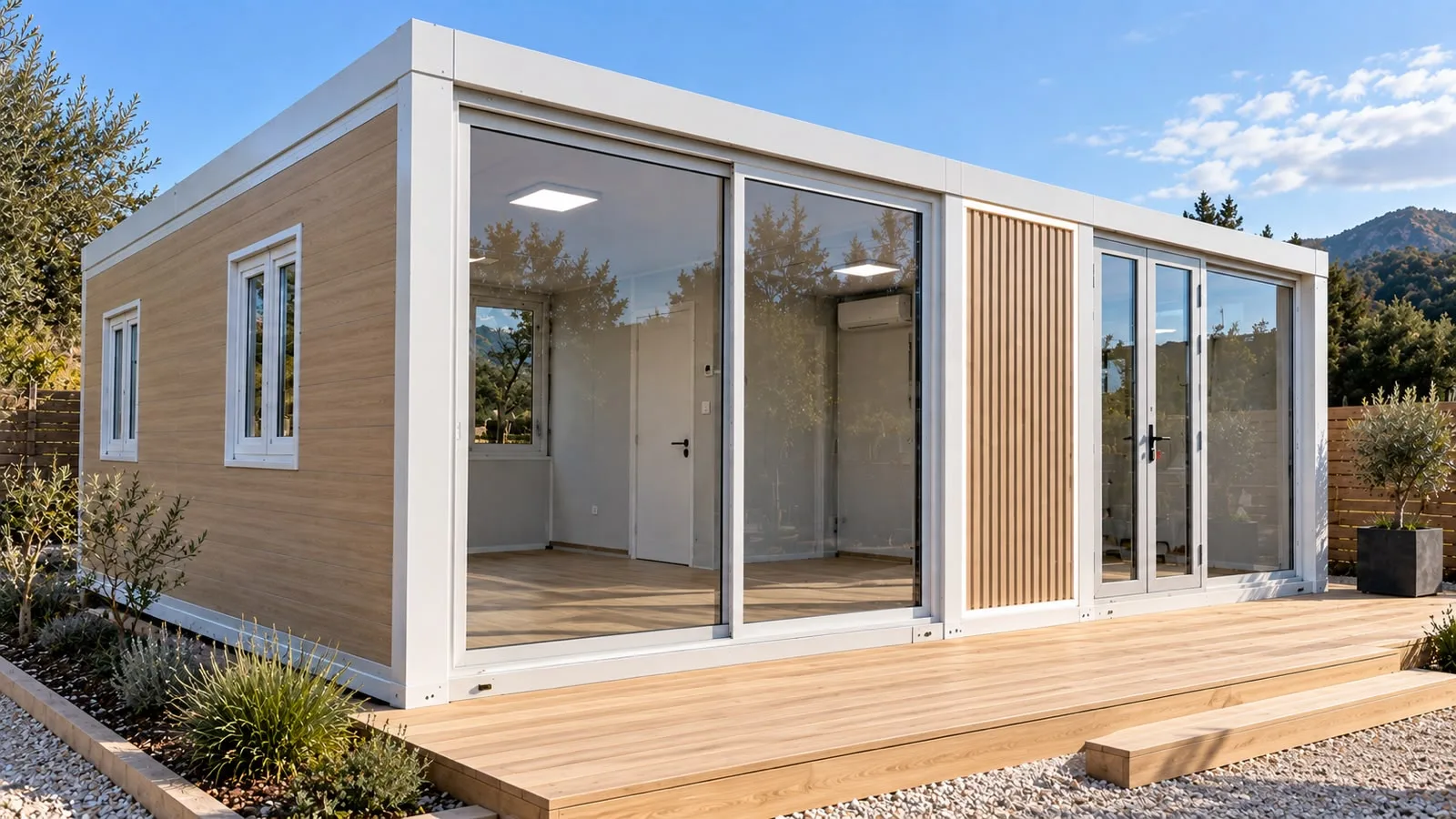 Maison modulaire K&L finition blanc et bois, grandes baies vitrées et terrasse bois