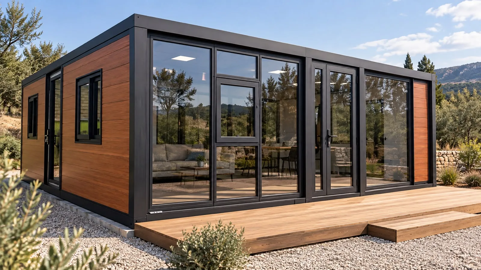 Maison modulaire K&L finition noir et bois, grandes baies vitrées et terrasse bois