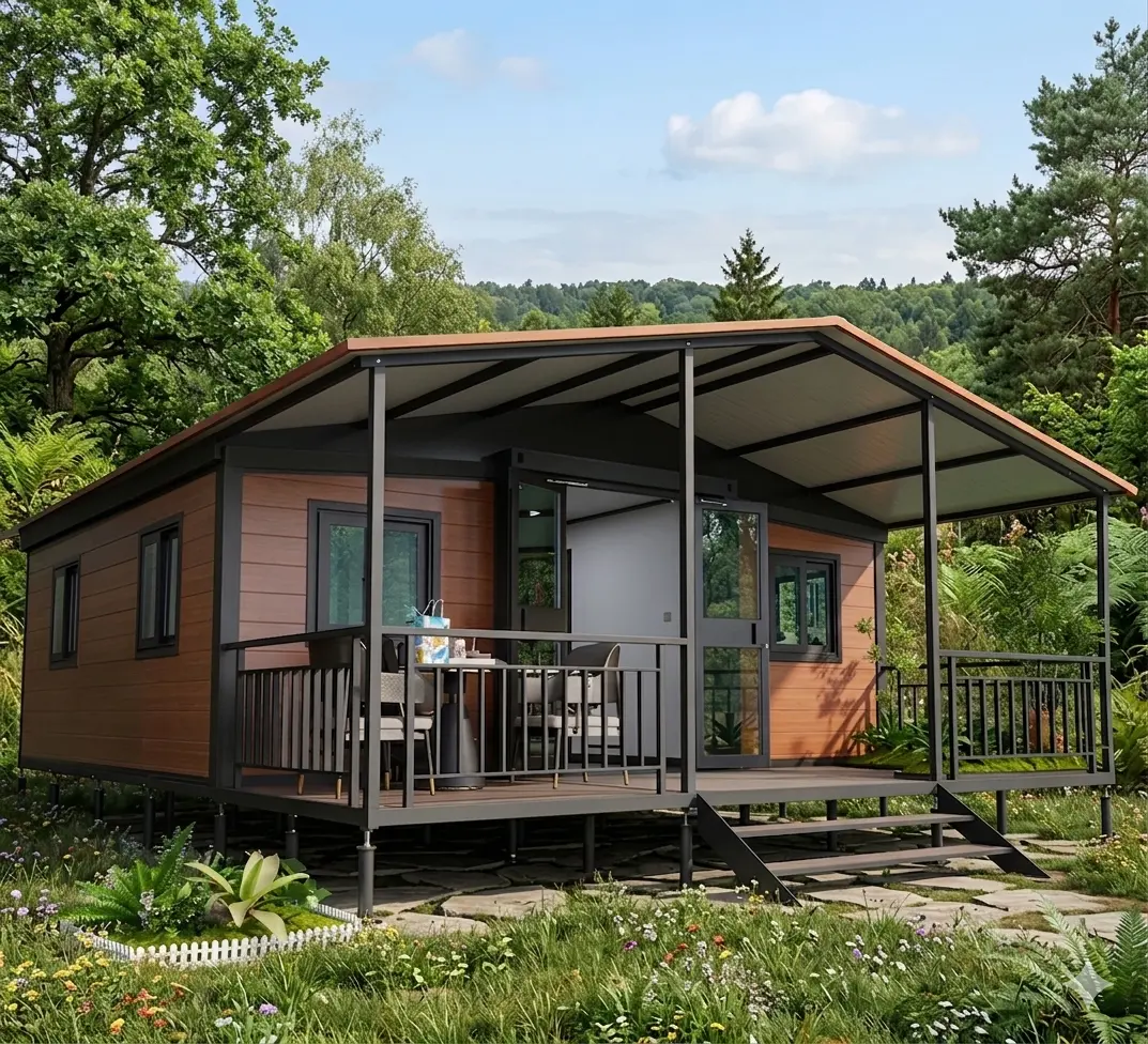 Maison modulaire 20 FT vue complète avec terrasse et environnement naturel