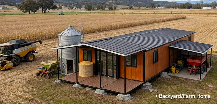 Maison modulaire 30 FT vue complète déployée sur terrain