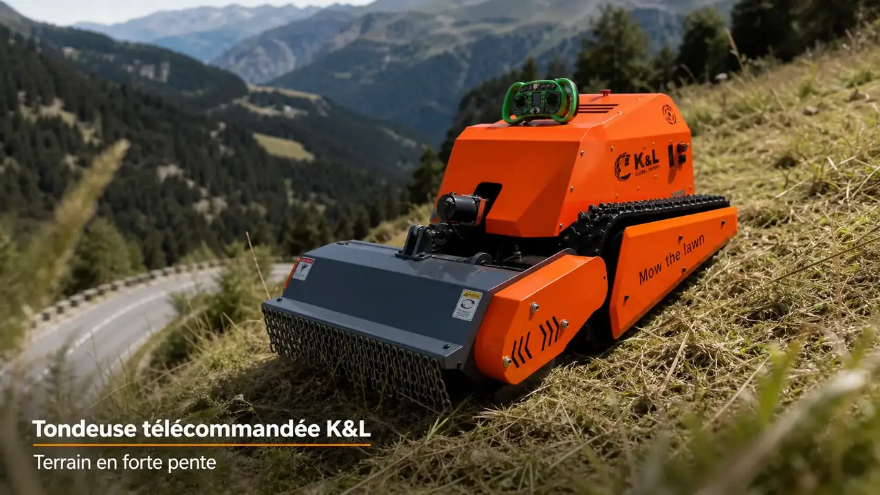 Tondeuse télécommandée K&L au travail sur un terrain en forte pente, Alpes-de-Haute-Provence