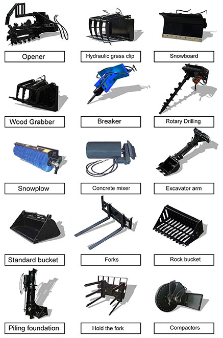 Tous les accessoires RS04 - Opener, Hydraulic grass clip, Snowboard, Wood Grabber, Breaker, Rotary Drilling, Snowplow, Concrete mixer, Excavator arm, Standard bucket, Forks, Rock bucket, Piling foundation, Hold the fork, Compactors